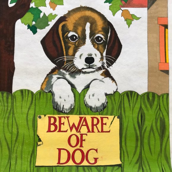 Beware of Dog Completed Wall Hanging Artex Tri-Chem Cute Puppy Painting 19x26" - Picture 2 of 3